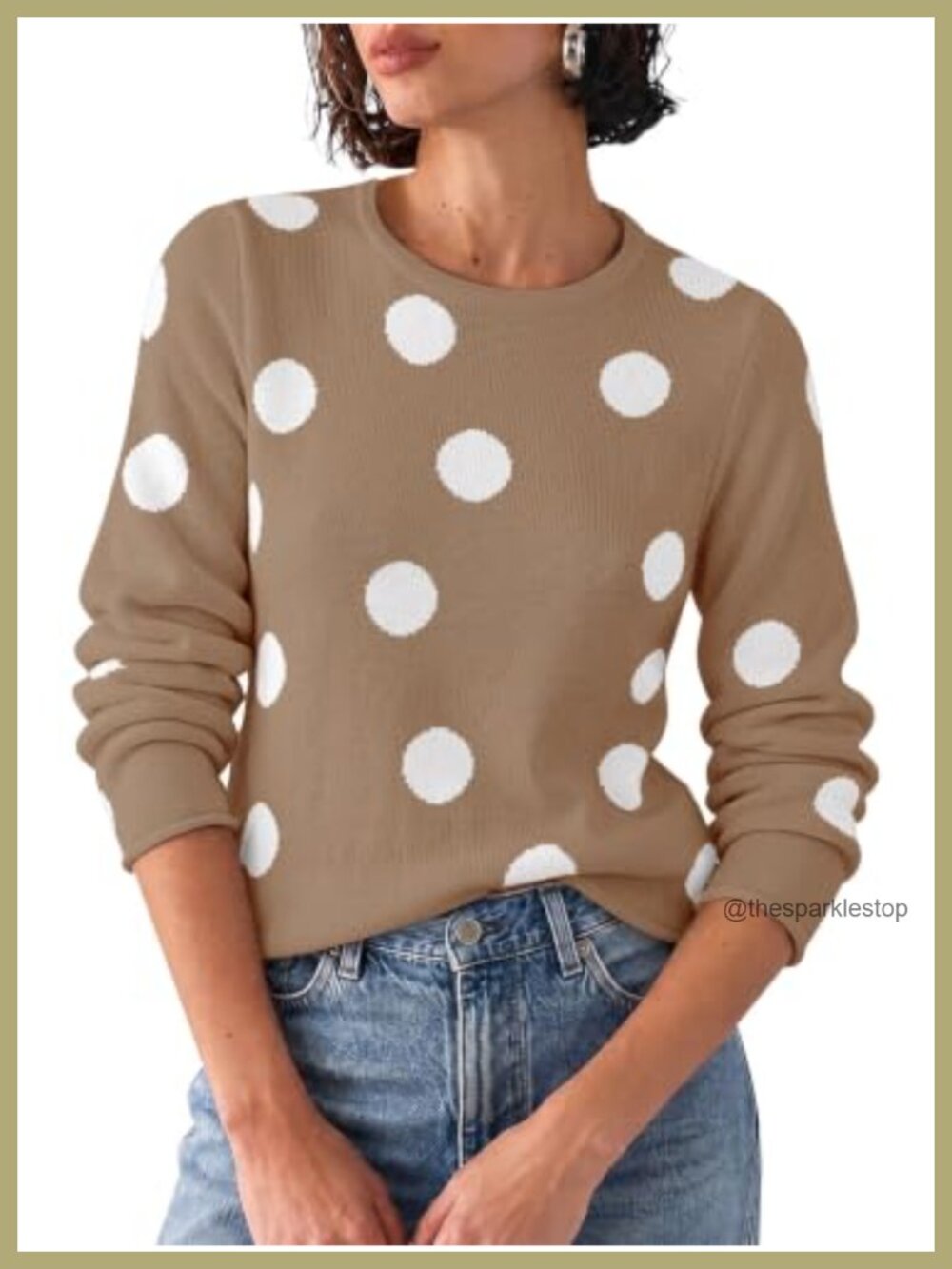 Womens Polka Dot Sweater Crew Neck Fitted Knit Pullover Long Sleeve